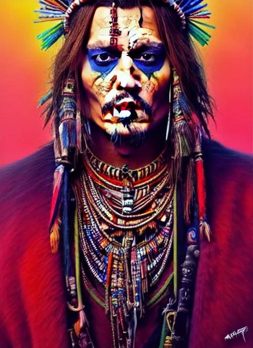 Image similar to portrait of johnny depp, hyper detailed ultra sharp aztec shaman warrior. trending on artstation, warpaint aesthetic, bloodwave, colorful, psychedelic, ornate, intricate, digital painting, concept art, smooth, sharp focus, illustration, art by artgerm and greg rutkowski and h. r. giger, 8 k