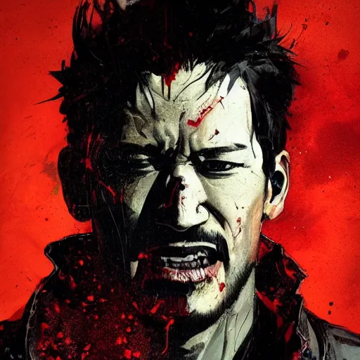 Prompt: portrait of markiplier with an angry expression, blood covering his face, wearing a leather jacket, dramatic lighting, illustration by Greg rutkowski, yoji shinkawa, 4k, digital art, concept art, trending on artstation