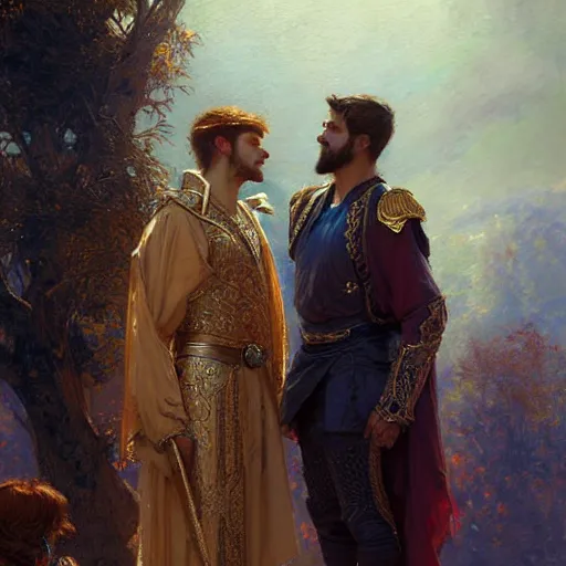 Image similar to attractive fully clothed king confesses his love for his attractive fully clothed male prince. highly detailed painting by gaston bussiere, craig mullins, tom bagshaw,