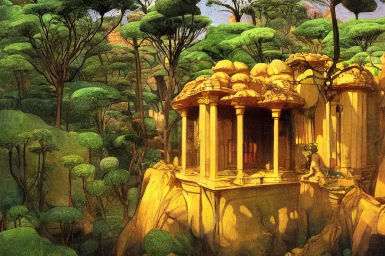 Prompt: a sandstone villa in the jungle,, glowing with silver light, painting by jean - leon gerome, illustration by winsor mccay, color by franz marc, today's featured anime still, architecture, 1 6 k