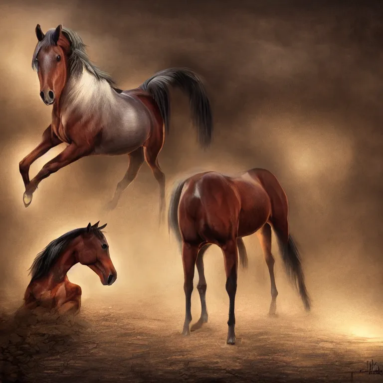 Image similar to A horse attempting to solve a jigsaw puzzle, looking confused, cinematic lighting, evening light, stables, digital painting, volumetric light, concept art, trending on artstation