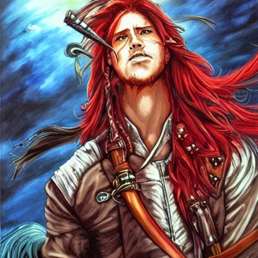 Prompt: an epic fantasy comic book style portrait painting of a long haired, red headed male sky - pirate in front of an airship in the style of yoshitaka amano