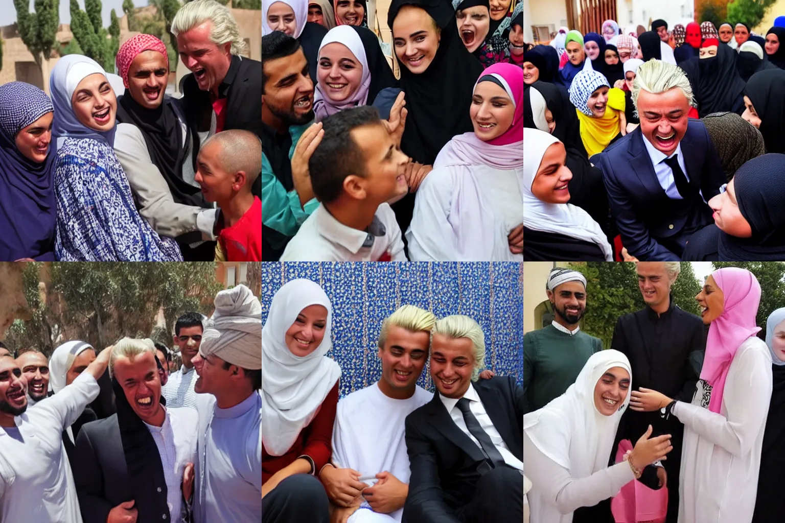 Prompt: geert wilders tickling lauging moroccan boys while their hijab wearing mothers are looking endearing