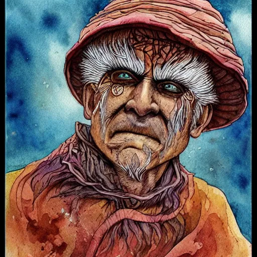 Image similar to very old shaman burns from the inside out, sould explodes, old gray haired mexican mage burn fire, close his eyes with no pain, watercolor ink painting, in the style of jean giraud, in the style of moebius trending on artstation deviantart pinterest detailed realistic hd 8 k high resolution