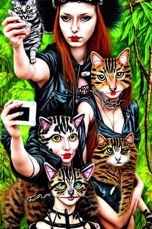 Image similar to punk rock girls making selfie with cats in jungle , mad max jacket, post apocalyptic, renaissance, oil painting like Leonardo Da Vinci, hyper realistic style, fantasy by Olga Fedorova,