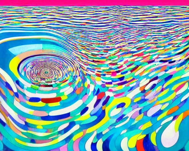 Prompt: Ocean waves in a psychedelic dream world. David Hockney. Takashi Murakami. Minimalist.