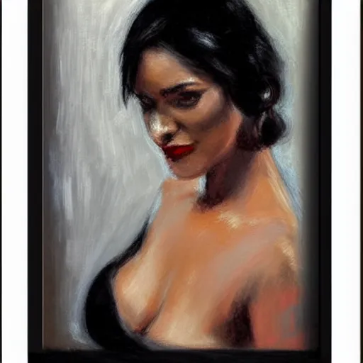 Image similar to a dark haired woman wearing a black dress, on a bed. by fabian perez