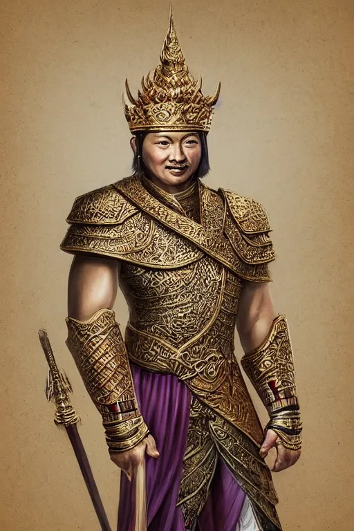 Image similar to full body portrait of king ramkamhaeng the great, thai warload, d & d, elegant, highly detailed, digital painting, artstation, concept art, smooth, sharp focus, illustration, art by jakrapan posayakrit