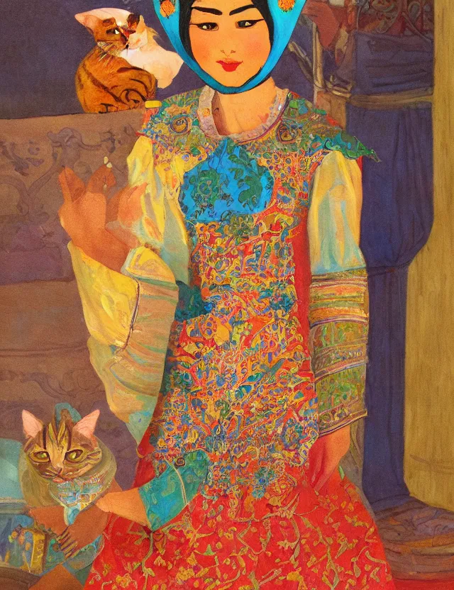 Prompt: central asian queen with cat ears, wearing a lovely dress. this oil painting by the beloved children's book author has impeccable lighting, an interesting color scheme and intricate details.