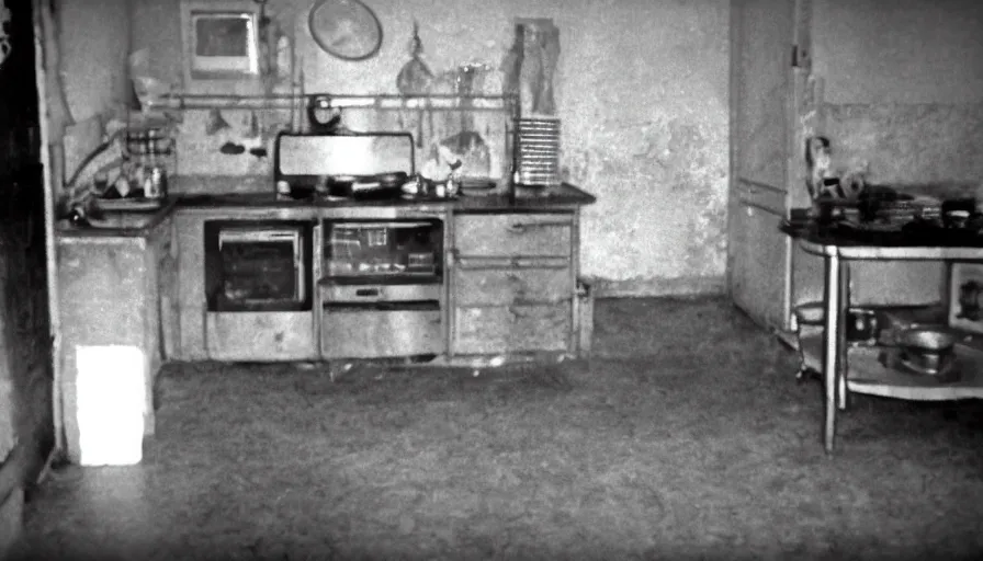 Image similar to a snake in a stalinist style kitchen, by mini dv camera, very very low quality, heavy grain, very blurry, accidental flash, webcam footage, found footage, security cam, caught on trail cam