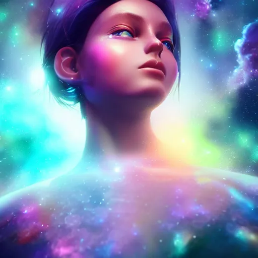 Prompt: galaxy, character, 3 d godess, cloud, volumetric, dreamy, nebula background, portrait, close up, octane render, 3 ds max + vray, cinematic, super fine detailed, detailing