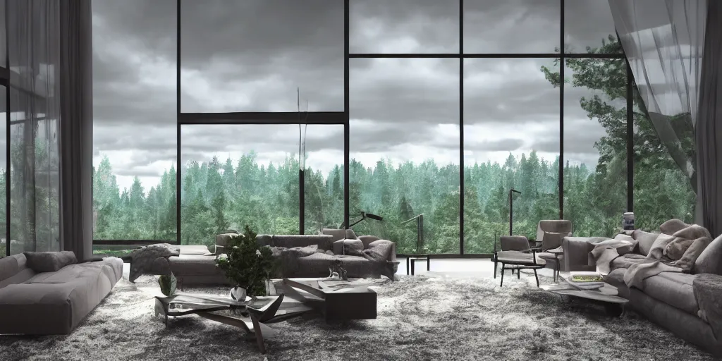 Image similar to a beautiful modern living room, large windows with a beautiful view of a forest, an area rug, realistic, hd, 8 k, digital rendering, unreal engine, blender, octane, maya