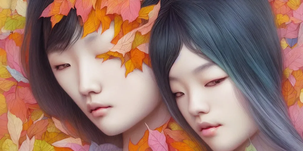 Image similar to highly detailed pastel colors of an ethereal asian beauty morphing gradually into autumn leaves, by artgerm and hsiao - ron cheng, smooth composition, fine patterns and detail