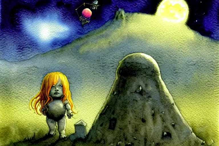 Image similar to a realistic and atmospheric watercolour fantasy character concept art portrait of a short fat chibi starchild alien emerging from the mist on the moors of ireland at night. a small ufo is in the sky. by rebecca guay, michael kaluta, charles vess and jean moebius giraud