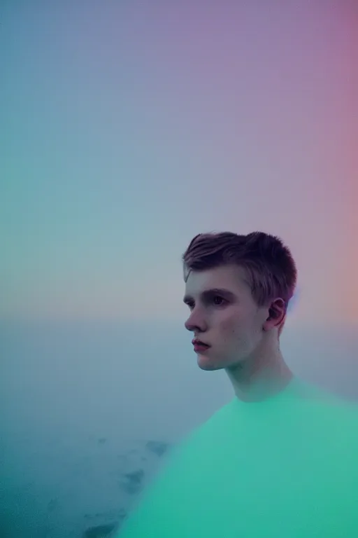 Image similar to high quality pastel coloured film mid angle selfie photograph of a beautiful young man, soft features, standing in an icelandic black rock environment. atmospheric. three point light. photographic. art directed. ( pastel colours ). volumetric light. stark. waves glitch. 8 k. filmic.