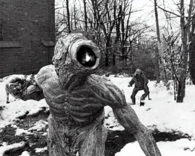 Image similar to archive footage of sleeper stalker monster hunting in toronto neighbourhood in the 1 9 8 0's h 5 7 6