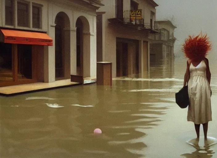 Prompt: woman with mohawk dressed in transparent plastic bags, on flooded street Edward Hopper and James Gilleard, Zdzislaw Beksinski, highly detailed