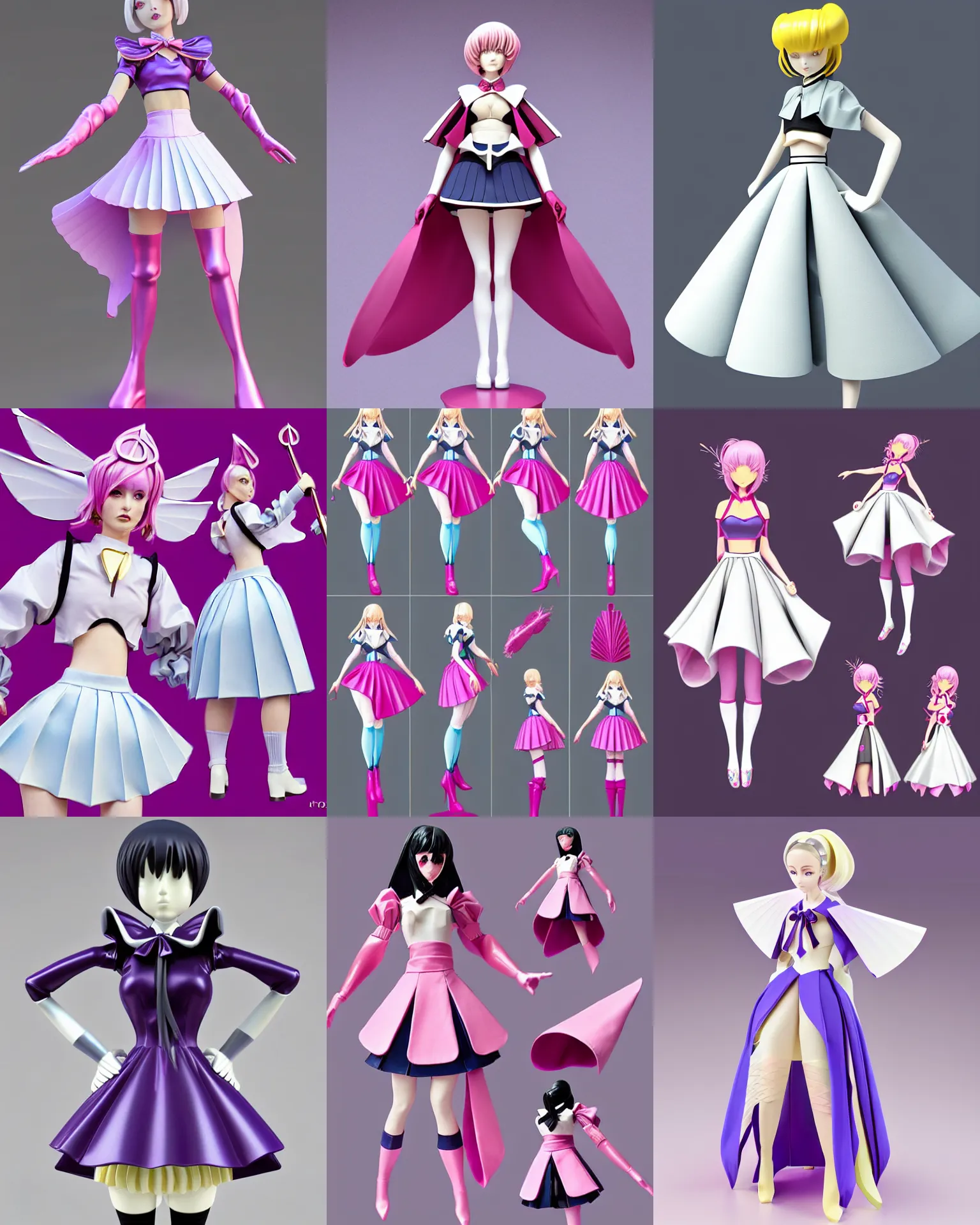 Prompt: magical girl designer figure collection ball shaped accordion sleeve haute couture, sailor uniform, midi skirt, coat pleats, synthetic curves striking pose, dynamic folds, cute huge pockets hardware, volume flutter, youthful, modeled by modern designer bust, body fit, award fashion, gradient scheme, holographic tones, expert composition, high detail, professional retouch, editorial photography