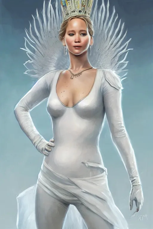 Image similar to Jennifer Lawrence as Queen wearing a White Outfit, anatomy, only two hands, highly detailed, digital painting, artstation, concept art, smooth, sharp focus, illustration, Unreal Engine 5, 8K, art by art by artgerm and greg rutkowski and edgar maxence