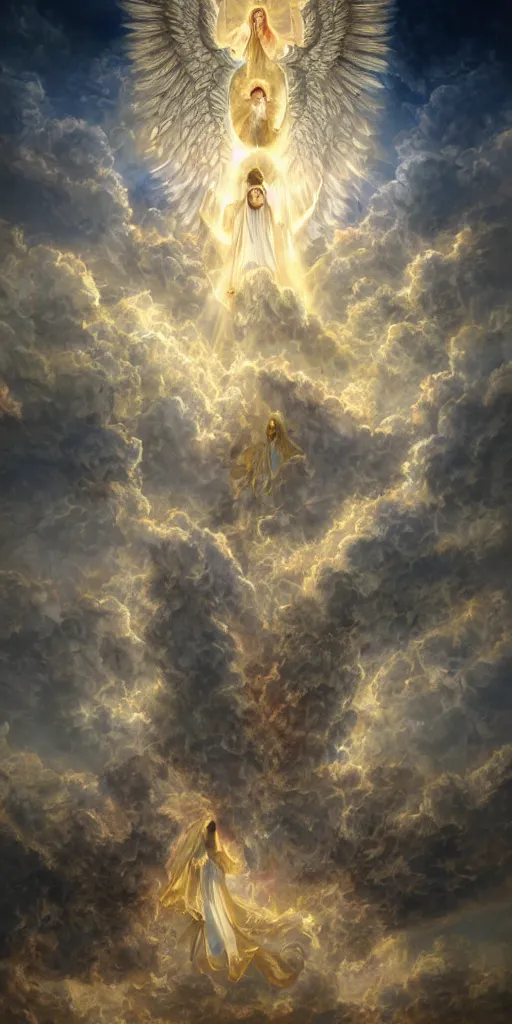 Image similar to The gate to the eternal kingdom of Heaven, seraphim in the clouds, cherubim in the clouds, holy rays, fantasy, digital art, HD, detailed.