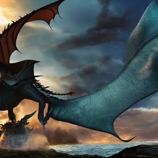 Image similar to a stardust dragon with mantaray wings and a stingray tail flying through an old viking village filled with vikings and other dragons, cgi, in the style of how to train your dragon, cinematic, high resolution, movie, film, animated film, cgi