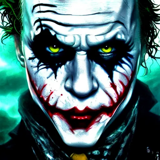 Image similar to heath ledger joker why so serious, darkwave, darksynth, character portrait, sharp, digital matte painting, art by luis royo, greg rutkowski, wlop, dramatic lighting, trending on artstation