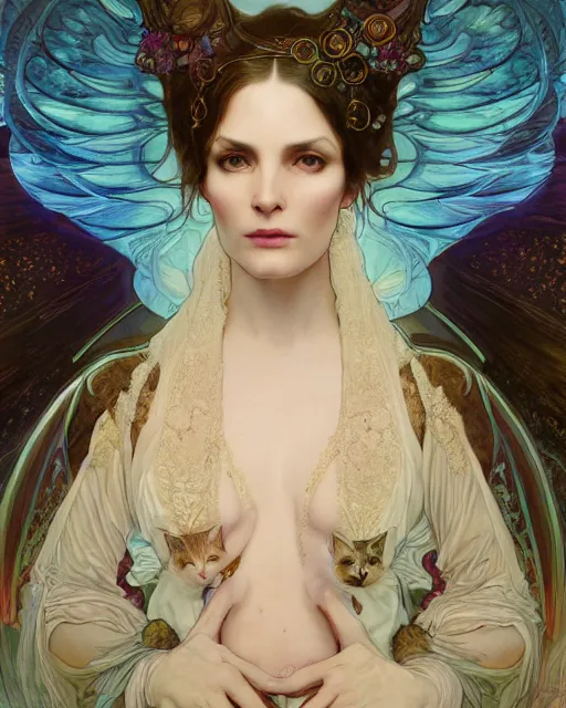 Image similar to wlop and alfons mucha detailed portrait digital rococo painting of a beautiful serious cat wearing fantasy clothing like liliana vess. the cat has black angel wings, evil mood, hellish battlefield in the background, unreal engine, embers flying, hyper realism, realistic shading, cinematic composition, blender render, octane render, ultrawide shot