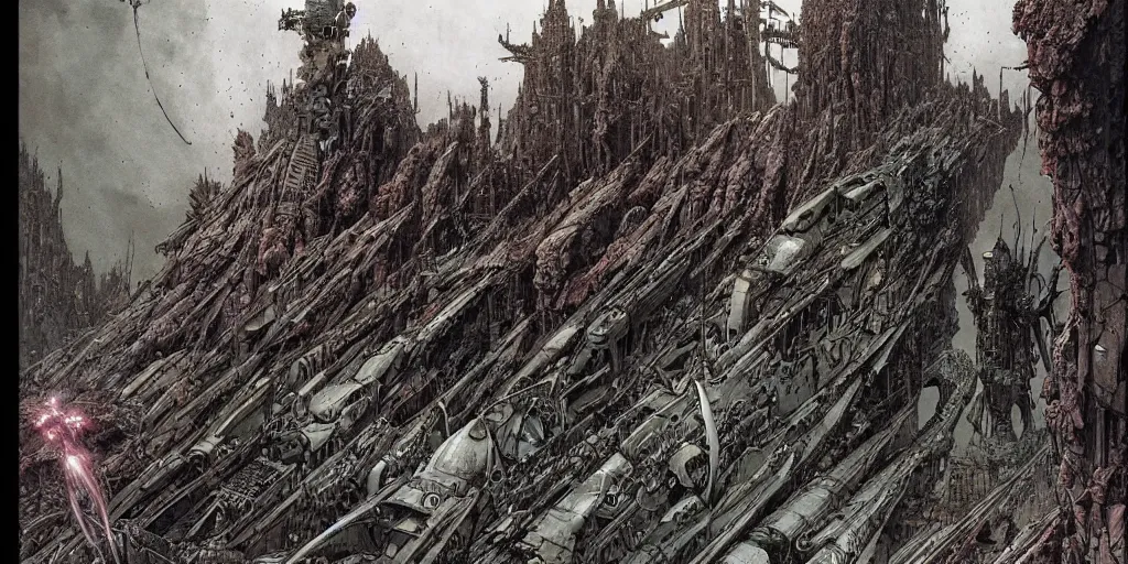 Prompt: Anti utopian future war in science fiction movies，by James Stokoe and harry clarke and Zdzisław Beksiński and Jakub Rozalski-H 576