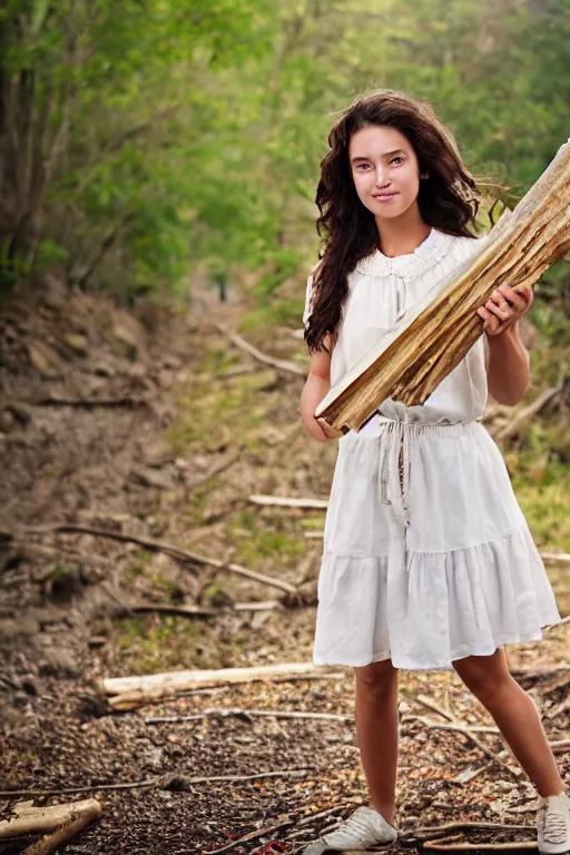 Prompt: a middle-school girl with unkempt wavy short brown hair wearing a white dress and holding a bundle of firewood, high resolution film still, 8k, HDR color, short hair