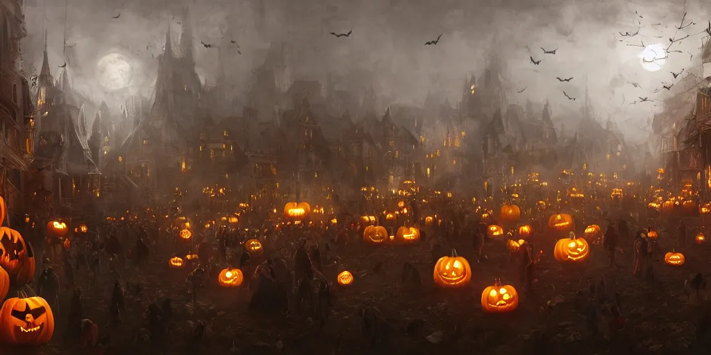 Prompt: halloween festival celebration, volumetric lighting, 8 k octane beautifully detailed render, post - processing, extremely hyper - detailed, intricate, epic composition, cinematic lighting, masterpiece, trending on artstation, detailed detailed detailed, masterpiece, stunning art by anders zorn, wonderful masterpiece by greg rutkowski, beautiful cinematic light,