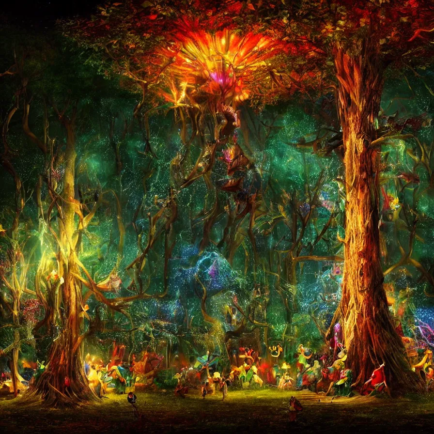 Image similar to closeup of a night carnival inside a tree cavity in a magical forest in the middle of a summer storm, with a music scenario with many fireworks and christmas lights, volumetric lightning, instense god rays in the sky, folklore people disguised with fantastic creatures in a magical forest by summer night, masterpiece painted by william henry hunt, scene by dark night environment, refraction lights,