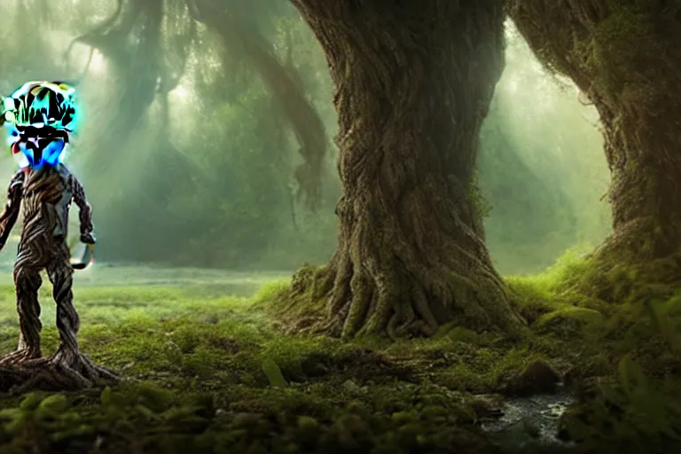 Image similar to an ultra realistic, cinematic headshot portrait, of baby groot, background of a vast serene landscape, with trees and rivers, detailed, deep focus, movie still, dramatic lighting, ray tracing, by michal karcz and yoshitaka amano