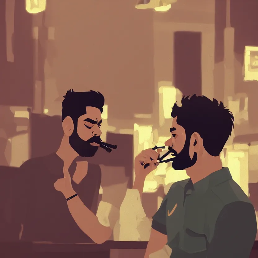 Image similar to depressed sad virat kohli drinking heavily and smoking in a bar, cinematic, ultrarealistic, 8 k, unreal engine, by atey ghailan, artstation