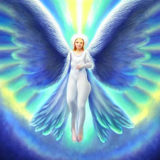 Image similar to highdetailed hyperrealistic painting of white angel!!! no gender!!!, giant ball of miracle light from the chest!!!!!, white sparkles everywhere, 4 k hd fur face!!!, big wings, by jan van eyck, holography space, glow effect, large strokes, soft and clean, white monochrome color!!!!!