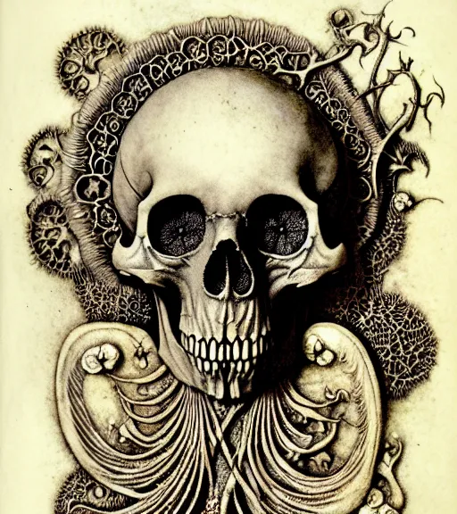 Image similar to memento mori by arthur rackham, art forms of nature by ernst haeckel, exquisitely detailed, art nouveau, gothic, ornately carved beautiful skull dominant, intricately carved antique bone, art nouveau botanicals, ornamental bone carvings, art forms of nature by ernst haeckel, horizontal symmetry, arthur rackham, ernst haeckel