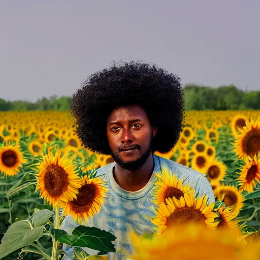 Image similar to east african man with curly hair in a studio ghibli film, animation, field of sunflowers, dreamy, roaming, curious, colorful, intricate details