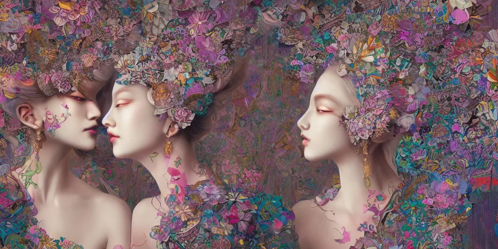 Image similar to breathtaking detailed concept art painting kaleidoscope art deco pattern of blonde faces goddesses amalmation flowers, by hsiao - ron cheng, bizarre compositions, exquisite detail, extremely moody lighting, 8 k