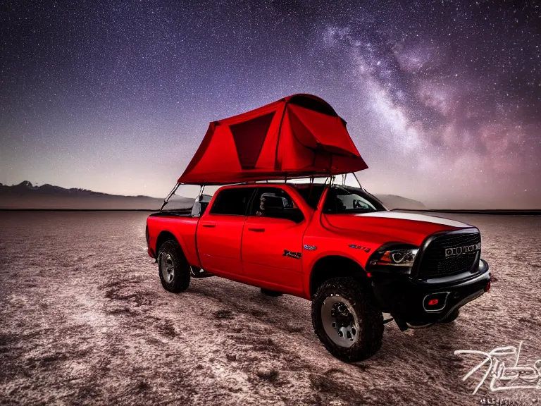 Image similar to dodge ram red power wagon with a roof top tent camping on wet salt flats at night, reflections, long exposure, milky way, award winning, cinematic, Vikram Thomas, 4K