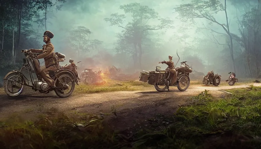 Prompt: a british officer driving a motorcycle at high speed in 1921 in kerala forest road, local people chasing to attack, furious action scene, chase, an epic fantasy, dramatic lighting, cinematic, establishing shot, extremely high detail, photorealistic, cinematic lighting, artstation, by simon stalenhag, horizon forbidden west