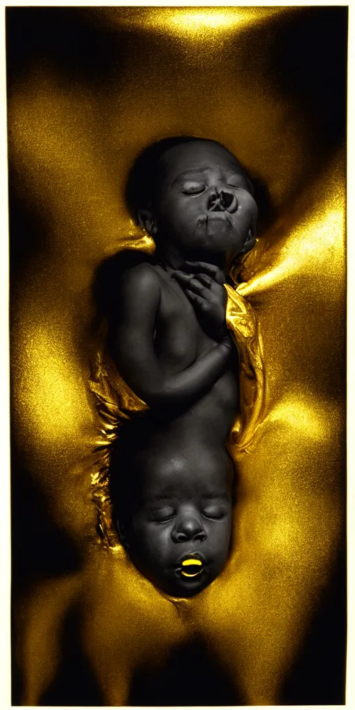 Prompt: award winning photo of black baby puking gold, vivid colors, happy, symmetrical face, beautiful eyes, studio lighting, wide shot art by sally mann & arnold newman