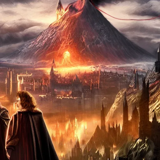 Prompt: harry potter taking a golden ring to mordor, mordor as a bustling city, extremely detailed, sharp focus, skyline, vast, gothic, lord of the rings, mount doom, 4 k, fantasy, concept art, gritty