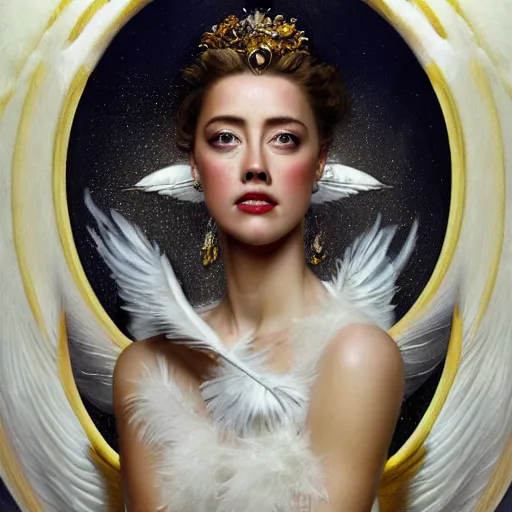 Image similar to hyperrealistic portrait of a woman as amber heard as greek goddess of the night sky wearing white swan dress wearing sapphire jewellery feather collar by jeremy mann and alphonse mucha, fantasy art, photo realistic, dynamic lighting, artstation, poster, volumetric lighting, very detailed faces, 4 k, award winning