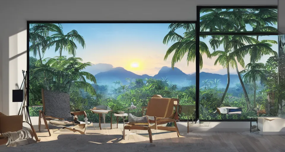 Image similar to big window, mountains in background, cloud forest in background, tropical beach in background, late afternoon sunset, dramatic lighting, holiday vibes, living room, furniture, IKEA catalogue, futuristic, ultra realistic, ultra detailed, cinematic light, anamorphic, wooden floored balcony, by Paul Lehr