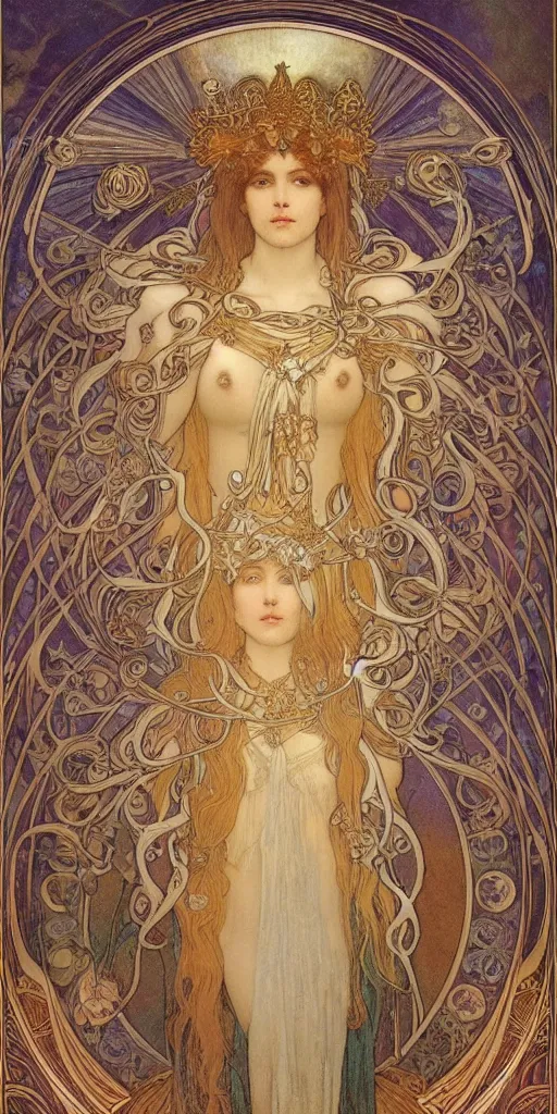 Image similar to saint woman, venus, athena, halo, queen, by alphons mucha and annie swynnerton and jean delville, strong dramatic cinematic lighting, ornate headdress, flowing robes, spines, flowers, stars, lost civilizations, smooth, sharp focus, extremely detailed, marble, gold, space