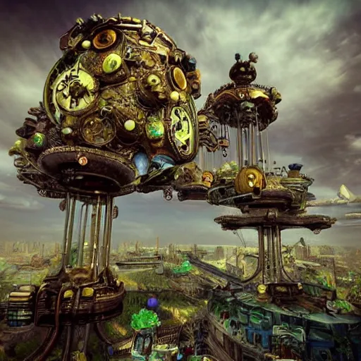 Image similar to flying city in a mechanical flower flower flower flower, sky, steampunk!!!, fantasy art, steampunk, masterpiece, unreal engine