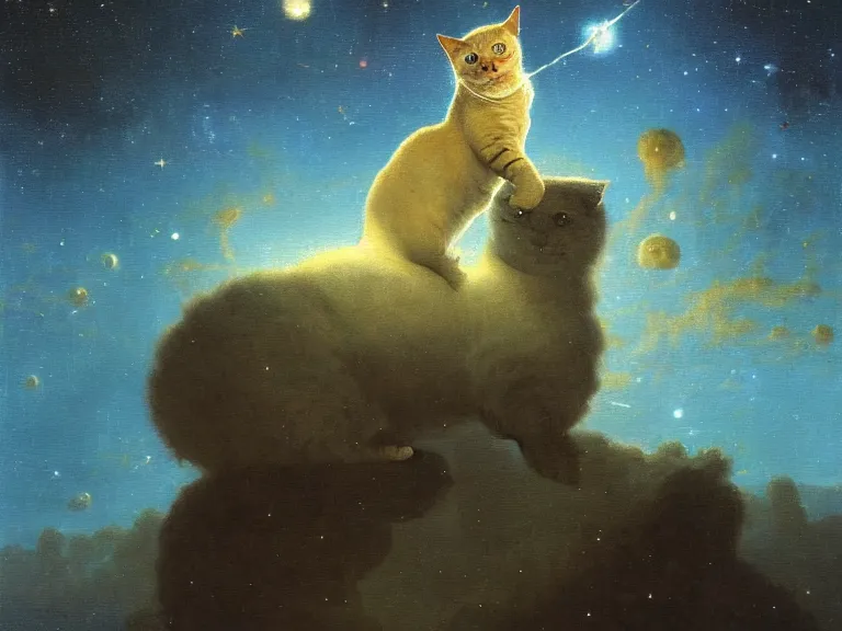 Image similar to an oil painting of a a cat in space, woth stars and nebula in the distance by beksinski carl spitzweg and tuomas korpi. baroque elements, full-length view. baroque element. intricate artwork by caravaggio. Trending on artstation. 8k