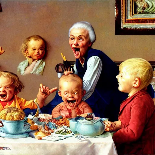 Image similar to hyper realistic hight detailed grandmother with a big mouth eating babies and william blake on the table in the russian kitchen, by norman rockwell, bright colors, 4 k, 1 6 k, 3 2 k, photorealistic, cartoon style