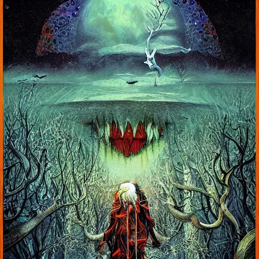 Image similar to Vampire traveling through a beautiful psychedelic world, horror, illustrated by Andrew Ferez, trending on artstation