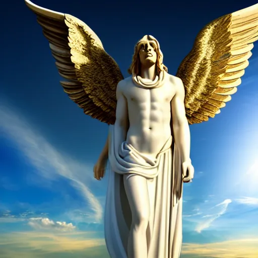 Image similar to gigantic biblical depiction of an angel towering over a vast landscape, cinematic, realistic, geometric white marble body, photorealistic, detailed, gold sky, global illumination, volumetric lighting, god rays, beautiful composition, majestic clouds, soft colors, heavenly lighting