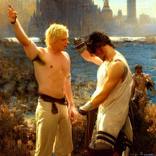 Image similar to attractive male, blond hair, arthur pendragon confesses his love to attractive male, dark hair, merlin. highly detailed painting by gaston bussiere, craig mullins, j. c. leyendecker 8 k